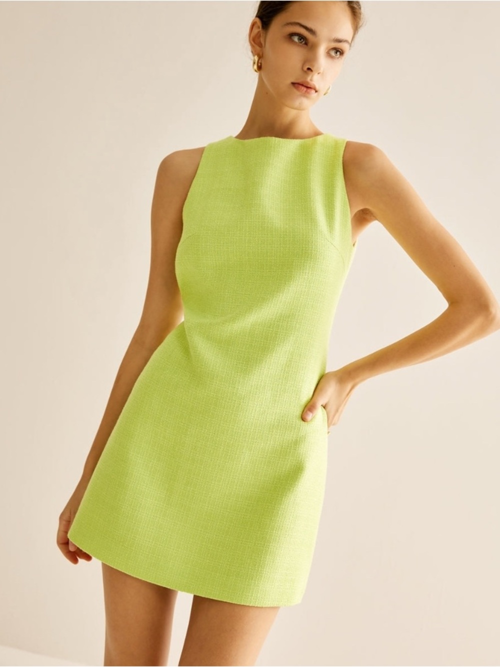 Commense Lime Green Tweed Shift Mini Dress Sleeveless Size S